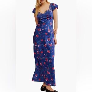 Free People NWT Butterfly Babe Floral Blue Maxi Laxe Dress, Size Small